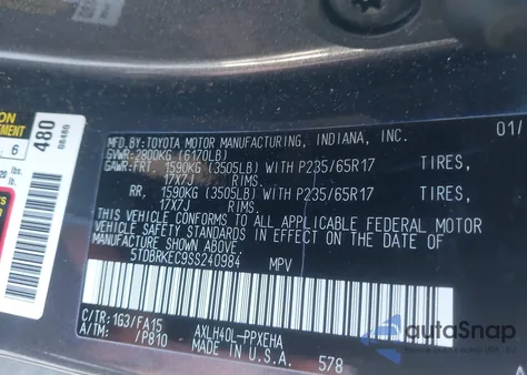 2025 Toyota Sienna Le z USA, uszkodzony, nr VIN 5TDBRKEC9SS240984